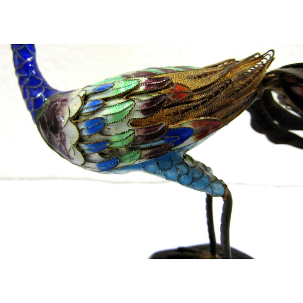 Antique Chinese Silver Gilt Cloisonne Jeweled Peacock Bird Sculpture 19th C. - Picture 13 of 16